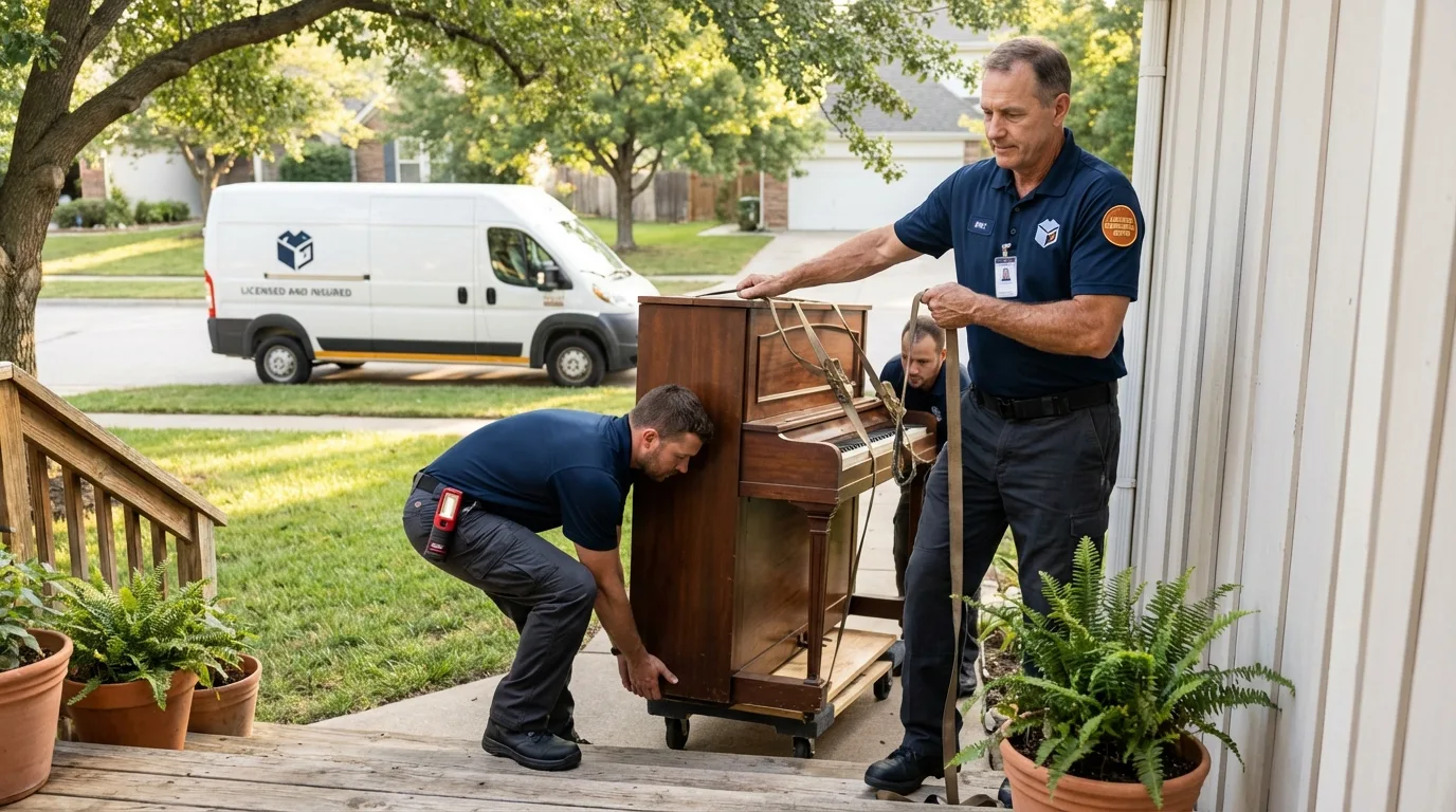 Licensed piano movers securing grand piano in Cranbury, NJ