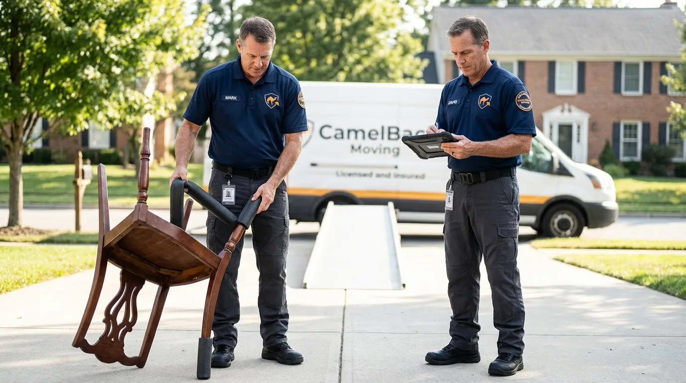 Movers inspecting furniture for damage prevention before loading in Cranbury, NJ